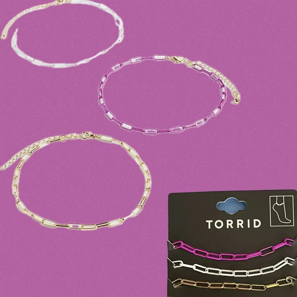 Torrid White-Pink-Gold Matte Finish Chain-Link Anklets-Set of 3 - Picture 1 of 3